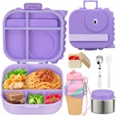 Dinosaur Lunch Box for Kids with Secret Compartment | 4 Compartments Bento Box + 12oz Insulated Food Jar | Leak-Proof Sauce Cup & Collapsible Spoon | BPA-Free, Dishwasher Safe(Purple-01)
