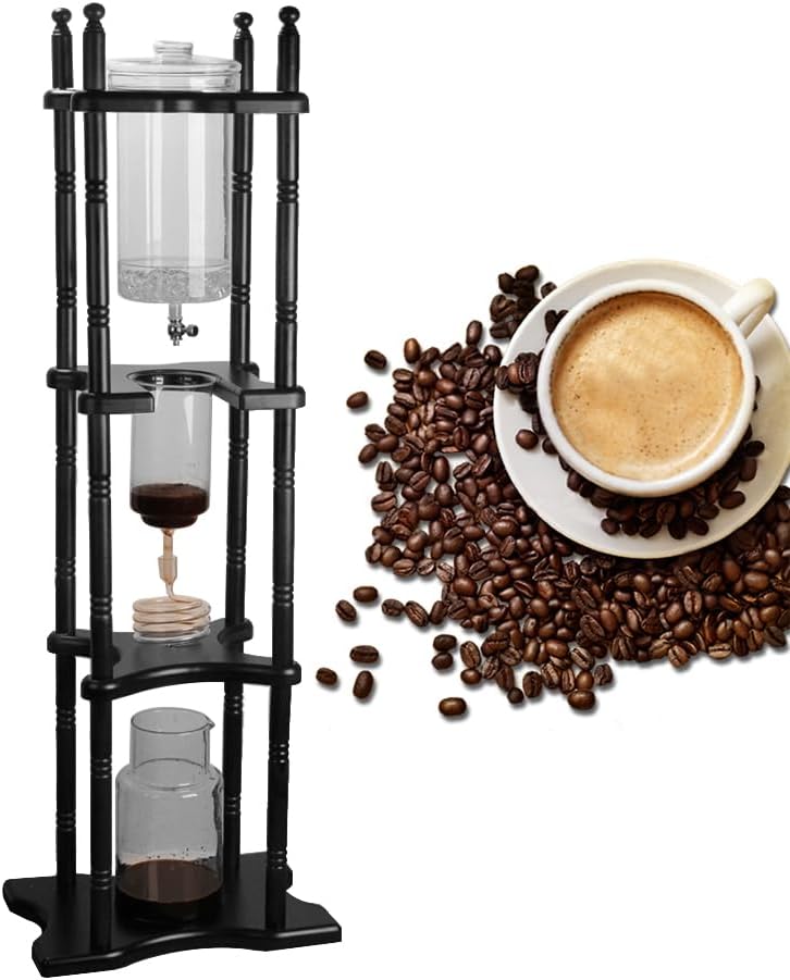 2500ml Household Ice Drip Coffee Maker, Pine Wood Handmade Glass Cold Brew Maker, Retro Ice Drip Coffee Tower Pot Ice Brew Drip Coffee Machine For Commercial Office Brown Large Capacity