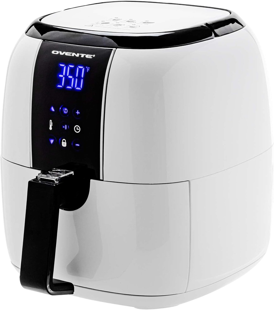 OVENTE Compact Air Fryer, 3.2 Quart Electric Hot Cooker with 1400W Power, Digital LED Touch Screen, Auto Shutoff, Dishwasher Safe Non-Stick Basket, Perfect for Healthy & Oilless Food, White FAD61302W