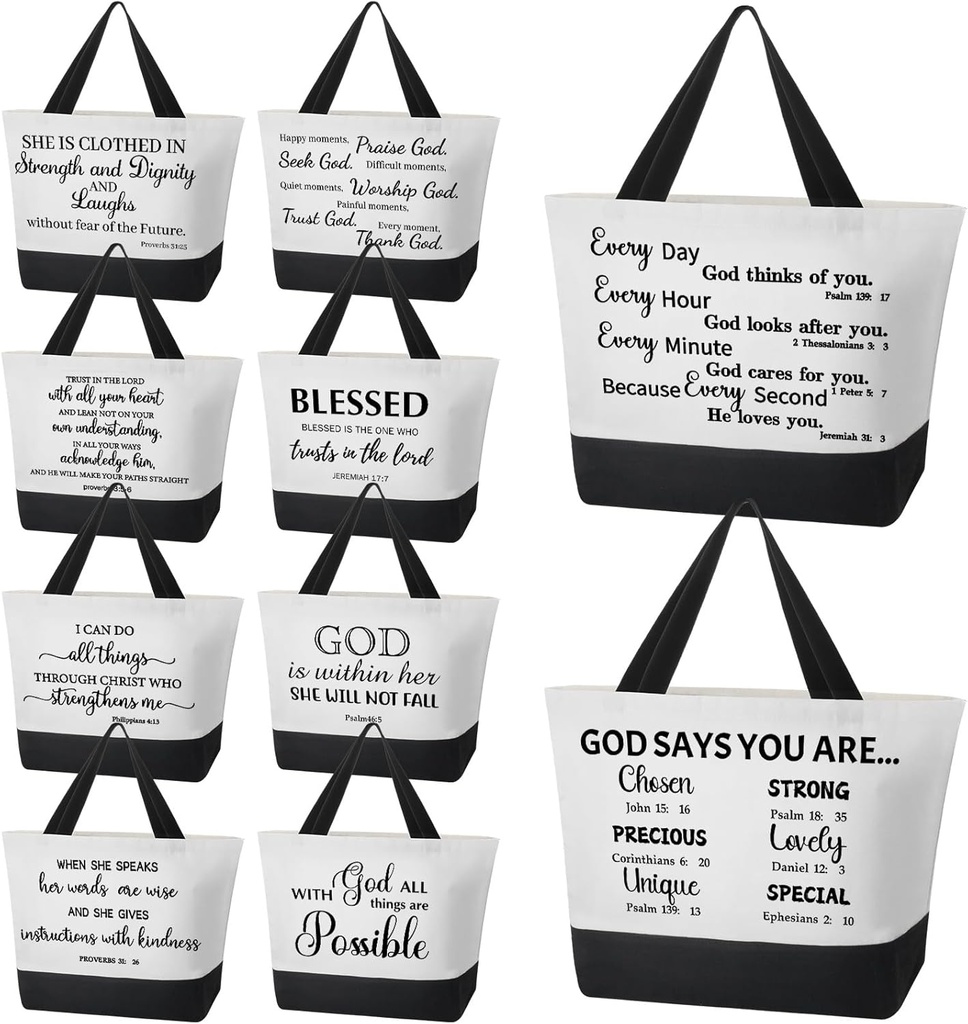 Talltalk 10 Pcs Christmas Christian Tote Bags Bulk Canvas Bible Tote Large Religious Gift Bags Inspirational Gifts for Xmas Women Mothers Church Teacher Birthday(White, Black)