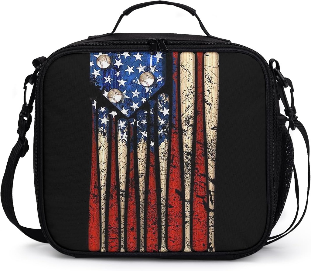 Nerxy Baseball Lunch Bag,Golde American Flag Sport Ball Insulated Tote Reusable Washable Thermal Cooler Summer Picnic Working Picnic Beach Sporting School Food Carrier for Men Women Teens Boys
