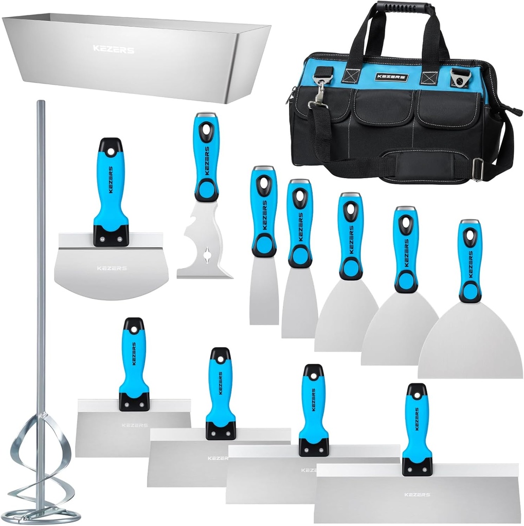 KEZERS Drywall Hand Tool Kit, 14 Pieces Stainless Steel 1.5" 2" 4" 5" 6" Putty Knife, 8" 10" 12" 14" Taping Knife, 14" Mud Pan, 6" Bucket Scoop, 11-in-1 Paint Scraper, 16" Mud Mixer & Tool Bag
