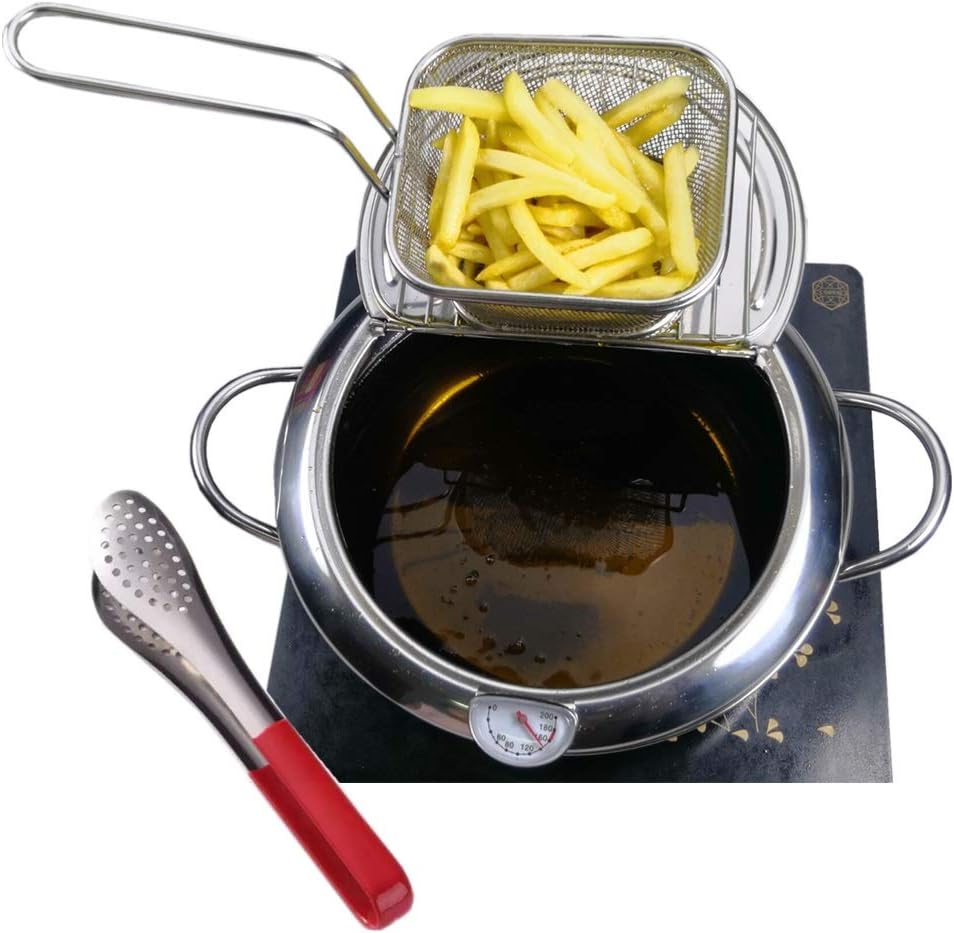 Deep Fryer Set,3.6QT Mini Deep fry Pot with French Fries Basket and Frying Tongs -Stainless Steel Deep Fry Pan with Thermometer