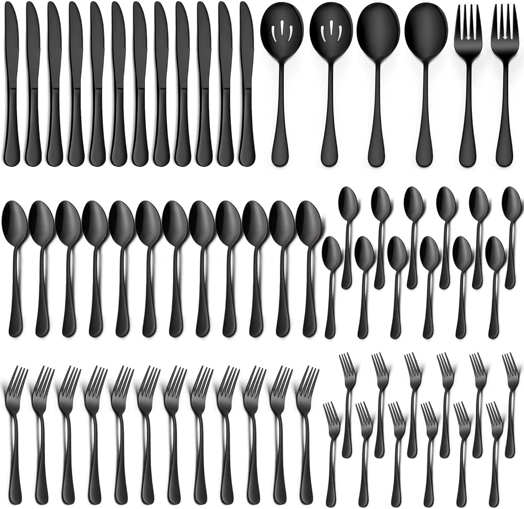 LIANYU 66-Piece Black Silverware Set with Serving Utensils, Stainless Steel Black Silverware Flatware Set for 8, Elegant Cutlery Tableware Includes Forks Spoons Knives, Dishwasher Safe