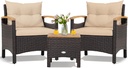 KOTEK 3-Piece Patio Furniture, Outdoor Conversation Set with Removable Cushions, Acacia Wood Tabletop and Armrests, PE Rattan Wicker Bistro Set for Porch, Balcony, Backyard (Beige)