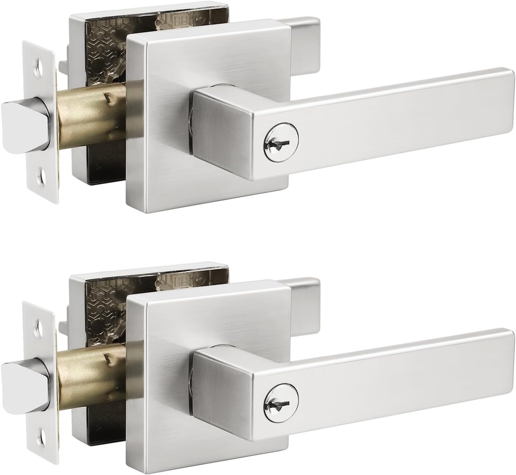 2 Pack Keyed Entry Door Lever, Keyed Alike Door Handle with Lock for Interior/Exterior Use, Satin Nickel Square Lockset for Bedroom, Bathroom, Front Door