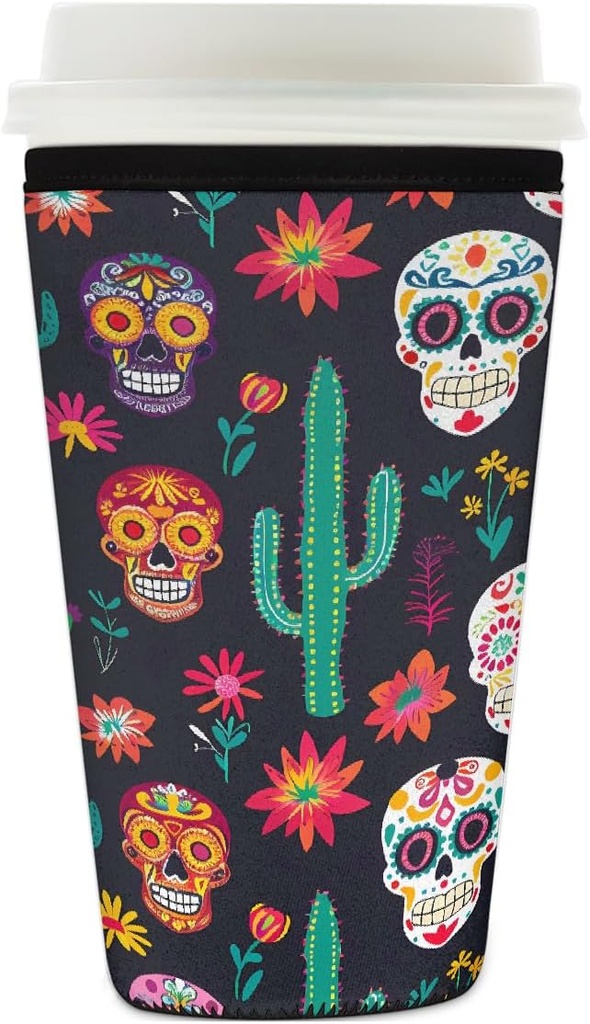 Mexican Sugar Skulls Cactus Reusable Iced Coffee Sleeve Neoprene Insulated Drink Holder, Washable Anti-Slip Cold Cup Sleeve for Tumblers Bottles Glasses 26-28oz