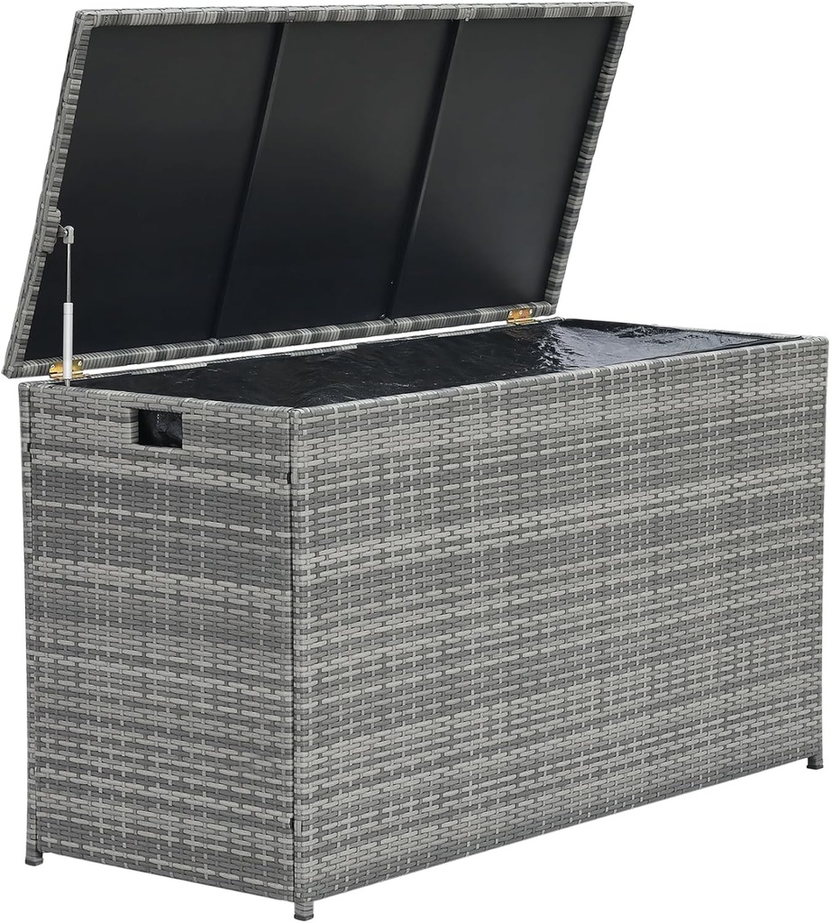 Teamson Home 154 Gallon Lined Weather Resistant Outdoor Rattan Wicker Patio Deck Storage Box with Soft Close Hinges for Patio Furniture Cushions or Pool Accessories, Gray