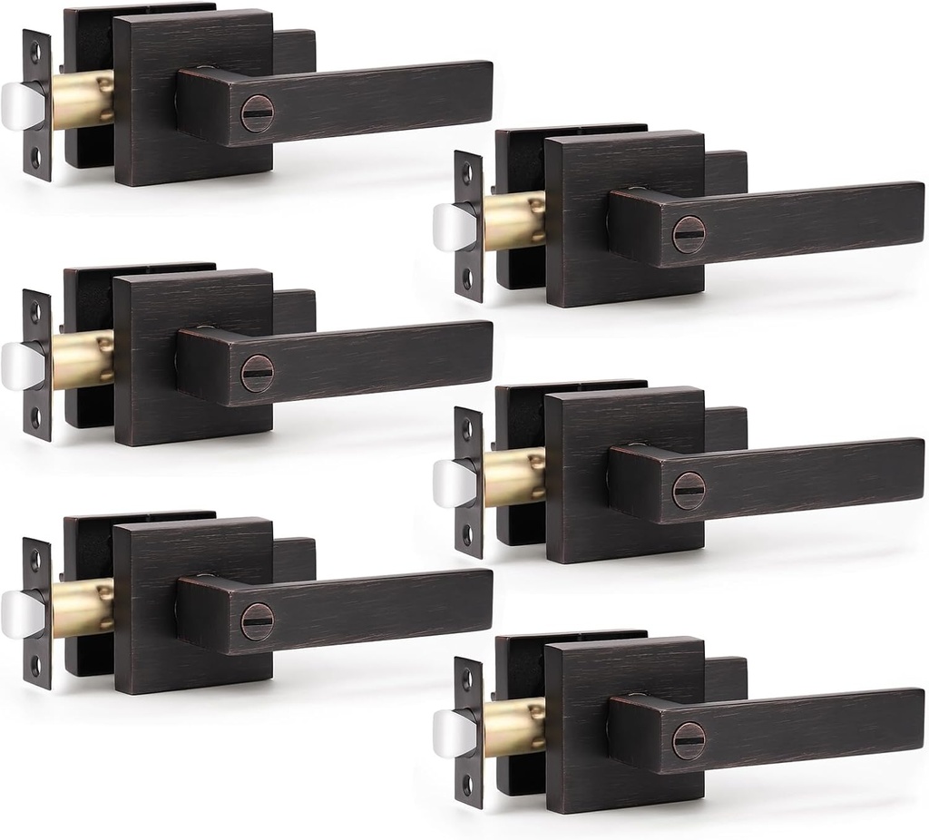 KNOBWELL 6 Pack Bronze Door Handle Interior Door Knob with Lock, Inside Privacy Door Knob Bathroom Bedroom Door Handle Square Door Lever