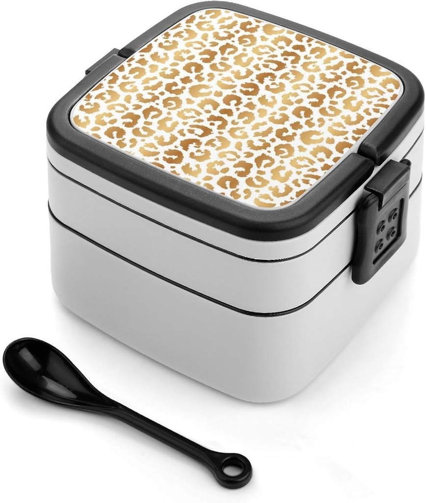 Gold Leopard Fashion Print Bento Box, Cute Lunch Box Containers for Adults Women Men, Small Salad Container for Lunch, Reusable Double Lunchable Stackable