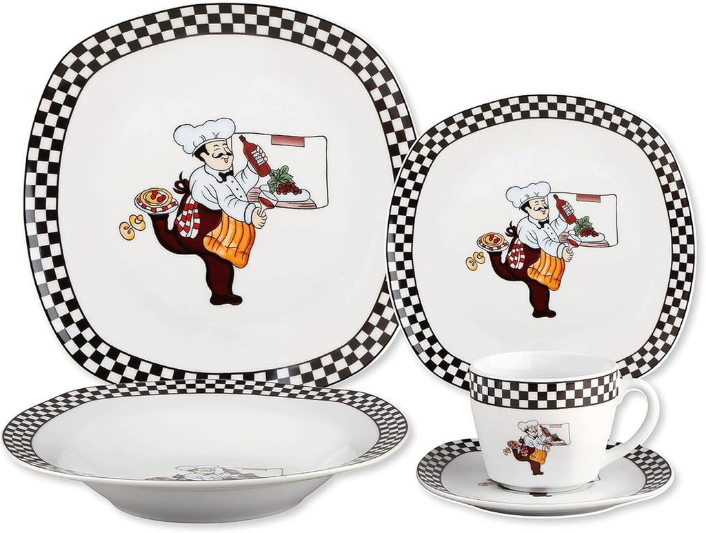 Stylish and Elegant 20 Pieces Porcelain Square Dinnerware Set Service for 4 People for Hosting Parties and Events - Chef Design