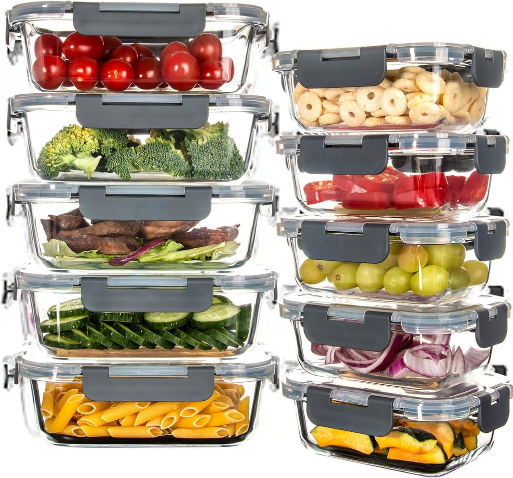 UMEIED Glass Meal Prep Containers - 10 Pack Glass Food Storage Containers with Lids for Lunch, On-the-Go, Leftovers, Pantry Organization - Microwave, Oven, Freezer, and Dishwasher Safe