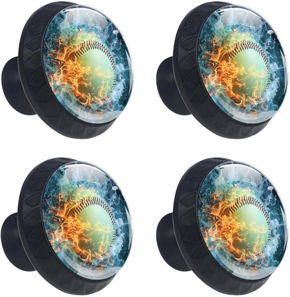 NEWzone 4 Pack Softball Fire Cabinet Knobs Black Dresser Knobs Glass Drawer Knobs Door Pulls Handles for Kitchen Bathroom Furniture Hardware