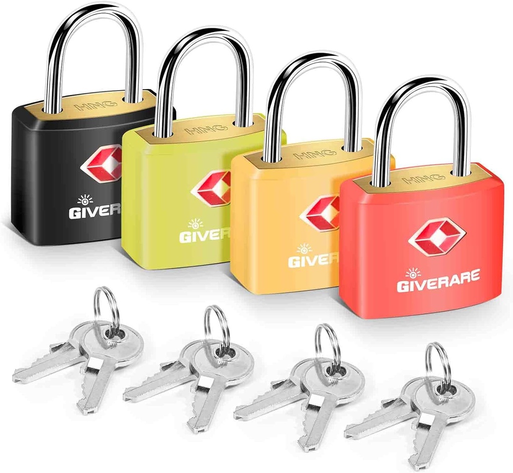 4 Pack TSA Approved Travel Luggage Locks with Keys, Solid Brass Copper Keyed Padlock, ABS Plastic Covered Small Locks for Suitcase, Backpack, Gym Locker, Jewelry Box-by GIVERARE