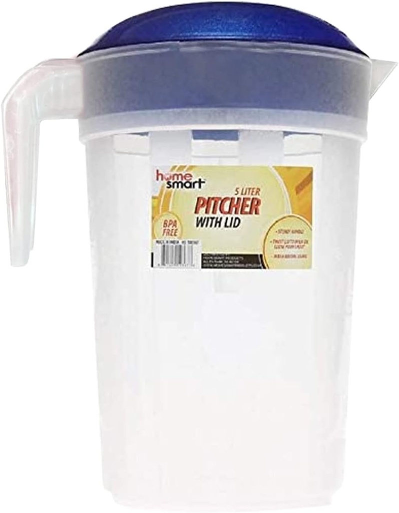 Blue Ice Tea Pitcher - 1.3 Gallon, 5 Liter Plastic, With Lid, For Fridge