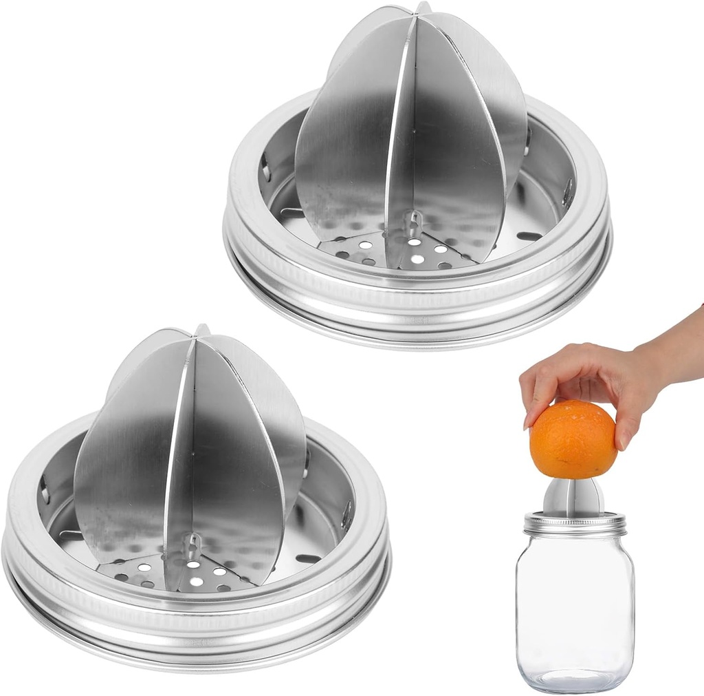 2pcs Stainless Steel Juicer Lid for 3.38 Inch Wide Mouth Mason Jar, Upgraded Canning Jar Lid, Manual Hand Juicer Squeezer Top, Citrus Reamer Lid for Lemon Orange Lime Kitchen Gadget Accessories