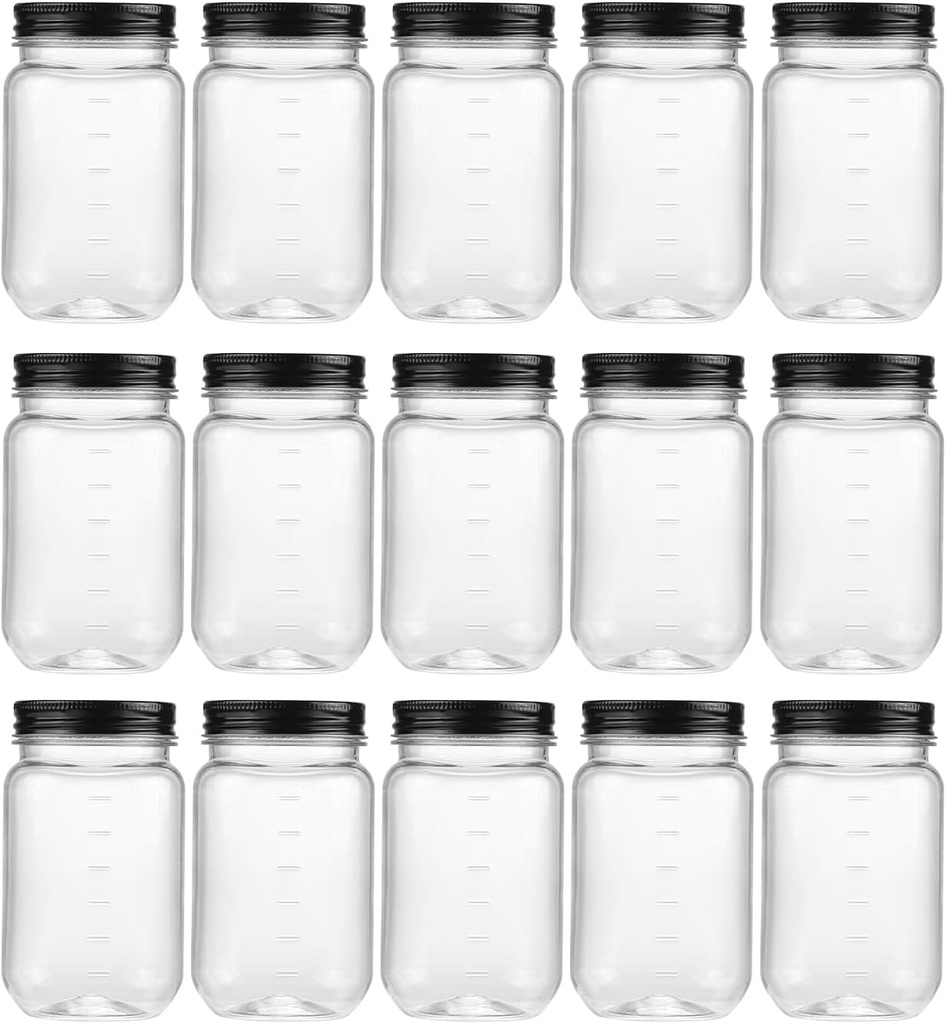 novelinks 16 oz Clear Plastic Jars with Screw-On Lids - BPA-Free Refillable Storage Containers for Slime, Food, Crafts, Kitchen & Household Use (15 Pack,Black)