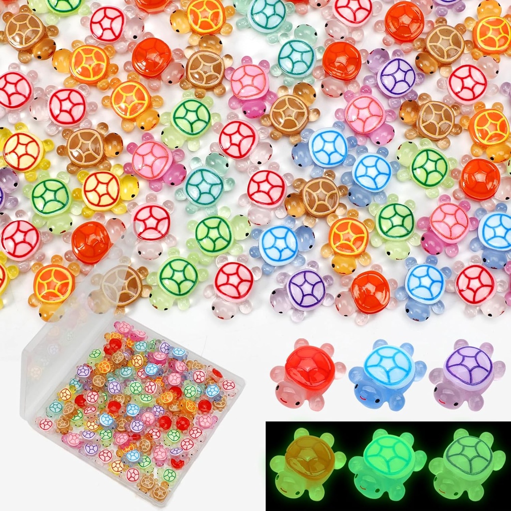100 Pcs Luminous Mini Resin Turtles, Tiny Sea Turtle Animals to Hide Miniature Figures Glow in the Dark Small Plastic Ocean Animal for Fairy Garden Micro Landscaping Dollhouse Home Decor Party Gifts