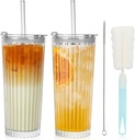 18oz Ribbed Glass Tumbler with Lid and Straw Set of 2: Leak-Proof Drinking Glasses to Go, Reusable Iced Coffee Cups for Cold Drinks, Juice, Smoothie, Glass Cups with Stylish Ribbed Design