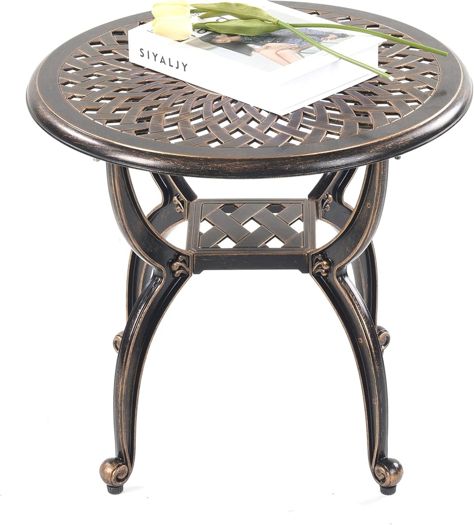 Mandolin Outdoor Patio,Rust -Resistant Cast Aluminum Side Table,Weather Resistant End Table，Coffee Table， Perfect for Patio, Backyard Or Garden. (Aluminum Round, Copper)