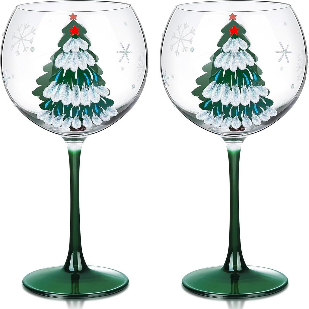 Joeyan Christmas Crystal Balloon Wine Glasses,Hand Painted Large Wine Goblet Glass Cups with Stem,Gin Tonic Cocktail Drinking Glasses with Green Xmas Tree and Snowflakes Patterns,19.5 oz,Set of 2
