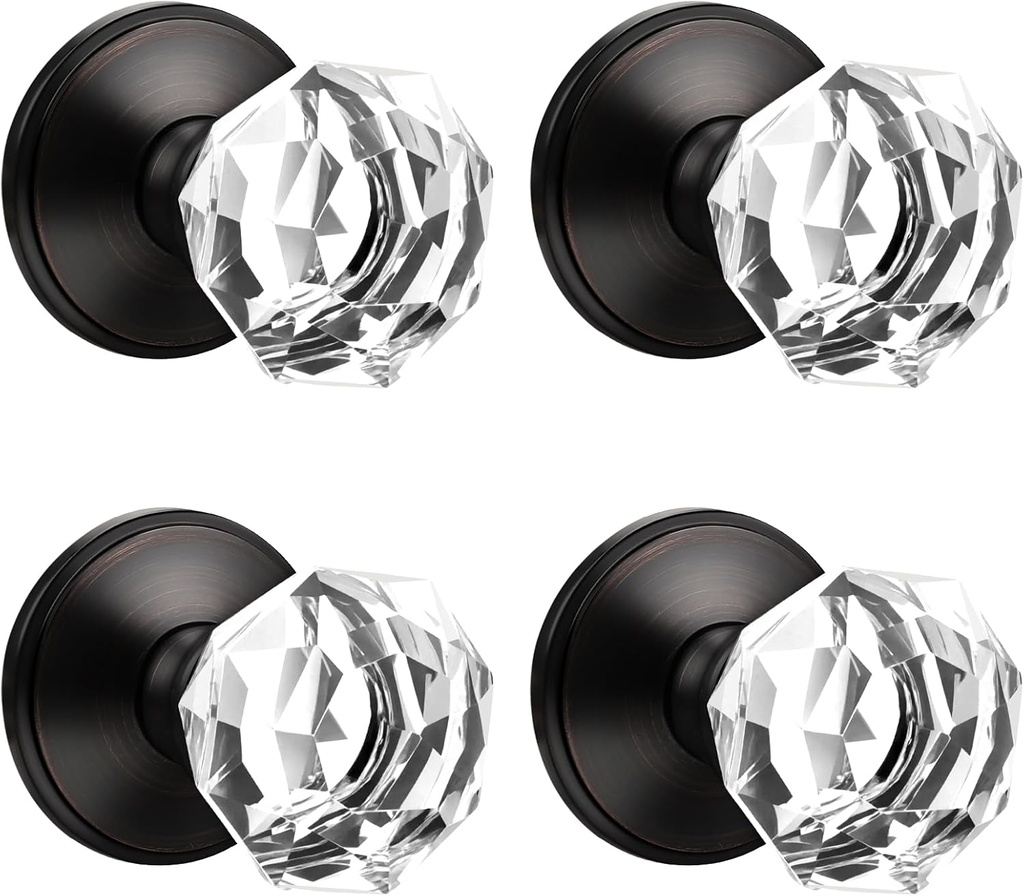 4 Pack Clear Crystal Door Knob, Inspired Decorative Oil Rubbed Bronze Door Knobs for Interior Doors, Unique Fancy Glass Dummy Knobs for Closets and Storerooms
