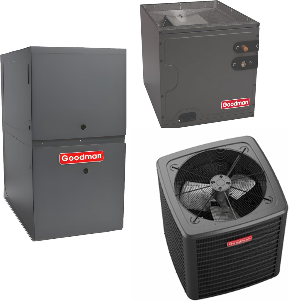 5 Ton 14 SEER2 120,000 BTU 80% AFUE Goodman Upflow Air Conditioner System with Models GLXS4BA6010, CAPTA6030D3, GR9S801205DN and Thermostat