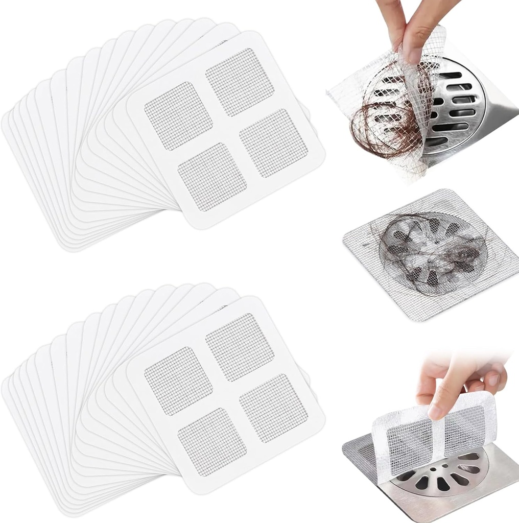 Disposable Shower Drain Hair Catcher, Square Floor Drain Cover Mesh Stickers, Disposable Sewer Filter Screen for Bathroom, Laundry, Bathtub, Kitchen, Sink, for Human and Pet Hair (100 Pcs)
