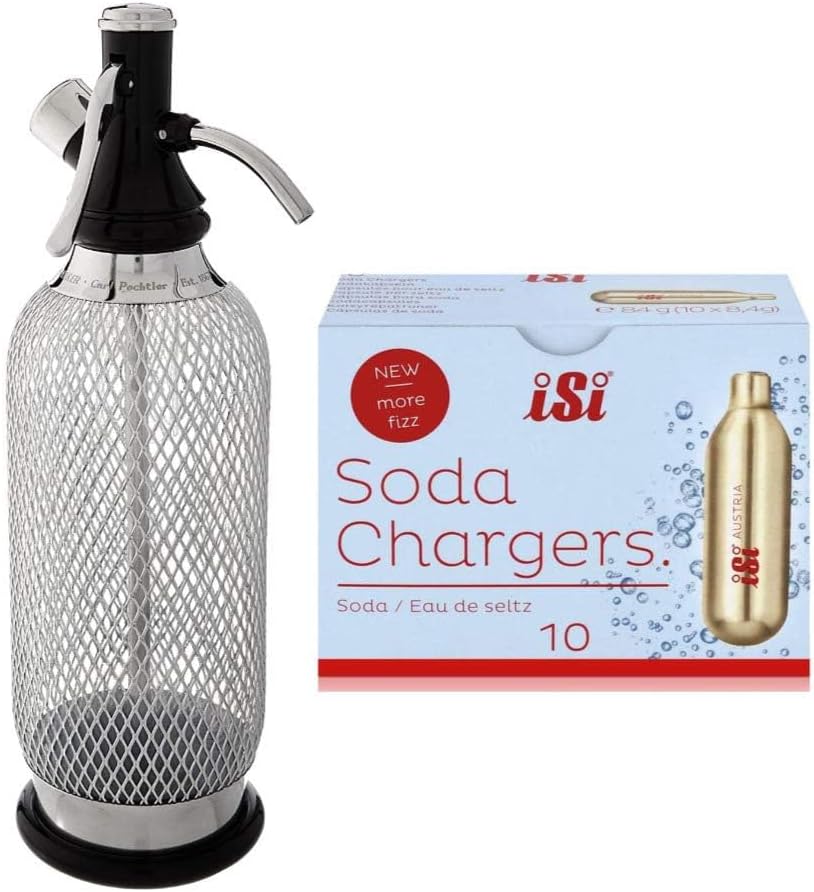 iSi North America Classic Sodamaker & Soda Siphon Charger Set, 10-Pack - Stainless Steel Mesh Soda Dispenser - 1 Qt Carbonation System for Sparkling Water, Cocktails, Mixed Drinks - Austria-Made