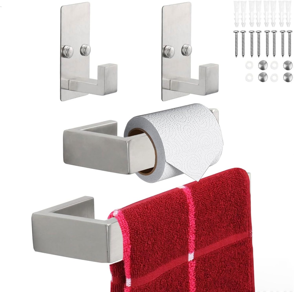 TocTen 4 Pcs Bathroom Hardware Set, Thicken Stainless Steel Hand Towel Bar Set-Includes 9IN Bath Towel Holder+Toilet Paper Holder+2 Robe Towel Hooks, Wall Mounted Bathroom Accessories Kit(Brushed)