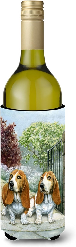 Caroline's Treasures BDBA0390LITERK Basset Hounds in The Gate Wine Bottle Hugger Bottle Cooler Sleeve Hugger Machine Washable Collapsible Insulator Beverage Insulated Holder