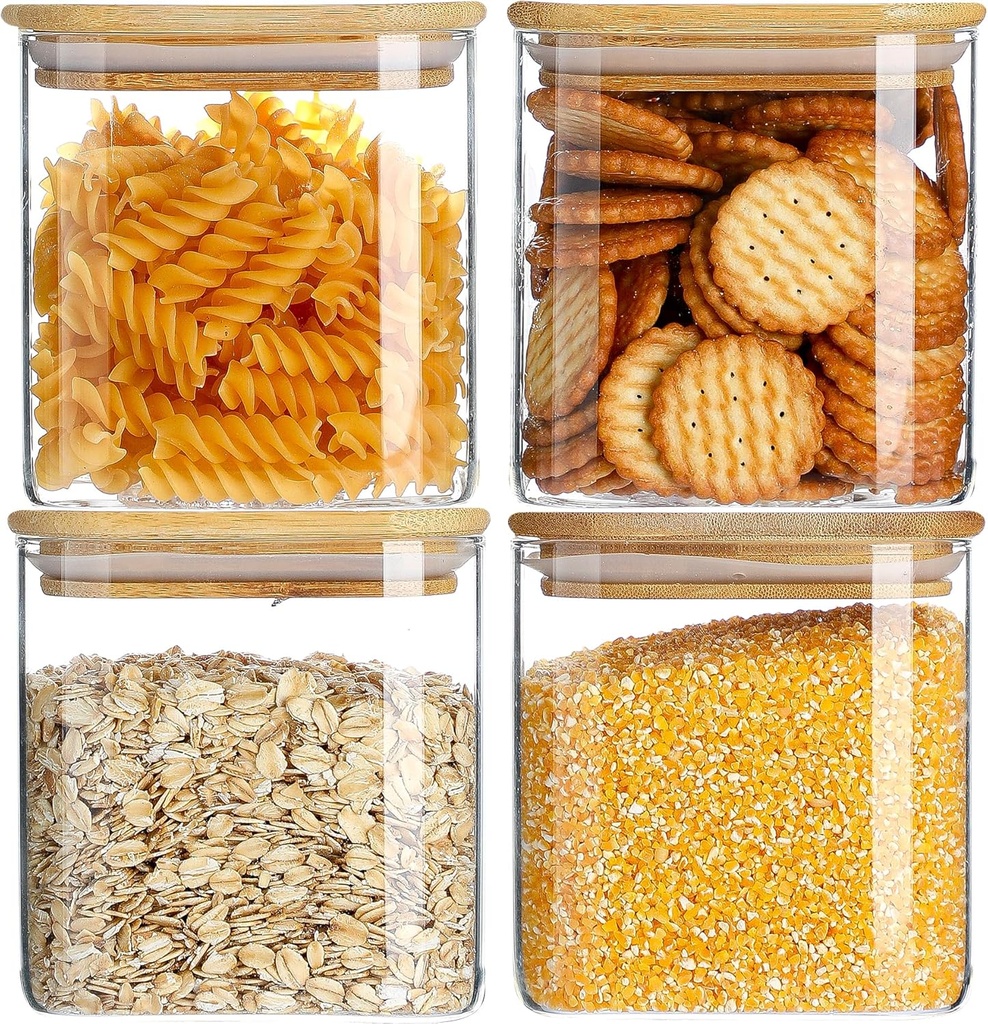 Glass Food Storage Containers with Lids 4 Pack, 4 Inch Wide Mouth 25 Oz High Borosilicate Glass Jars for Coffee Bean, Candy, Cookie, Flour, Square