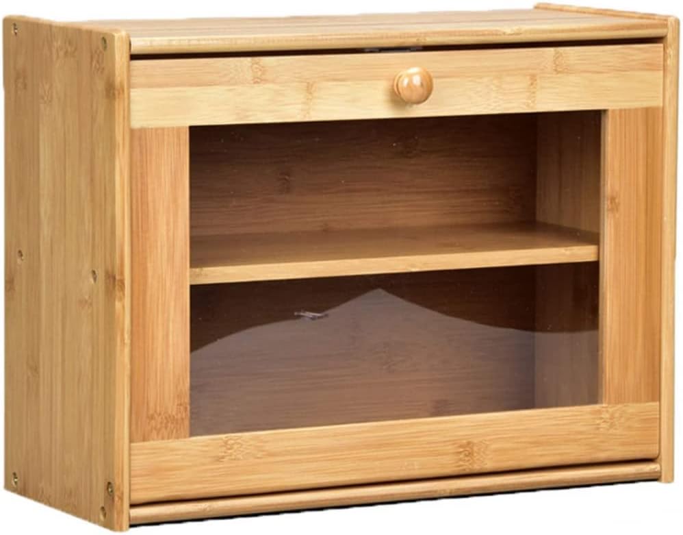 Wooden Bread Box Transparent Multifunctional Double Layer Drawer Bread Rack, Kitchen Countertop Large Capacity Thickened Snack Cabinet, Brown