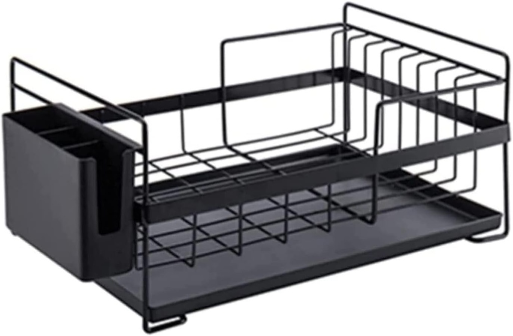Black Metal Dish Drainer with Hanging BasketSpaceSaving Kitchen Sink Rack for Plates Bowls & UtensilsStylish & Durable Kitchen Storage Solution.
