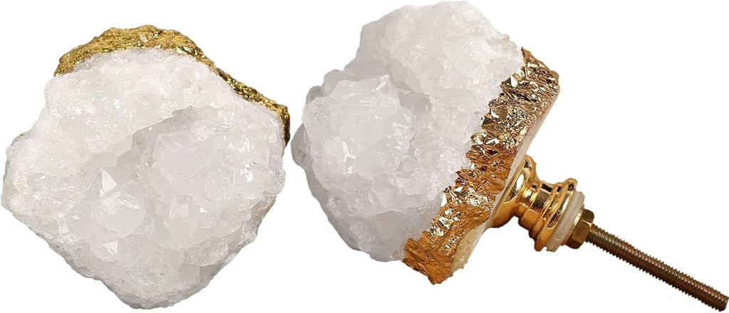 2 Pack Gold-Plated Crystal Stone Cabinet Knobs Irregular Shape Natural Gemstone Door Handles White Quartz Geode Drawer Pulls