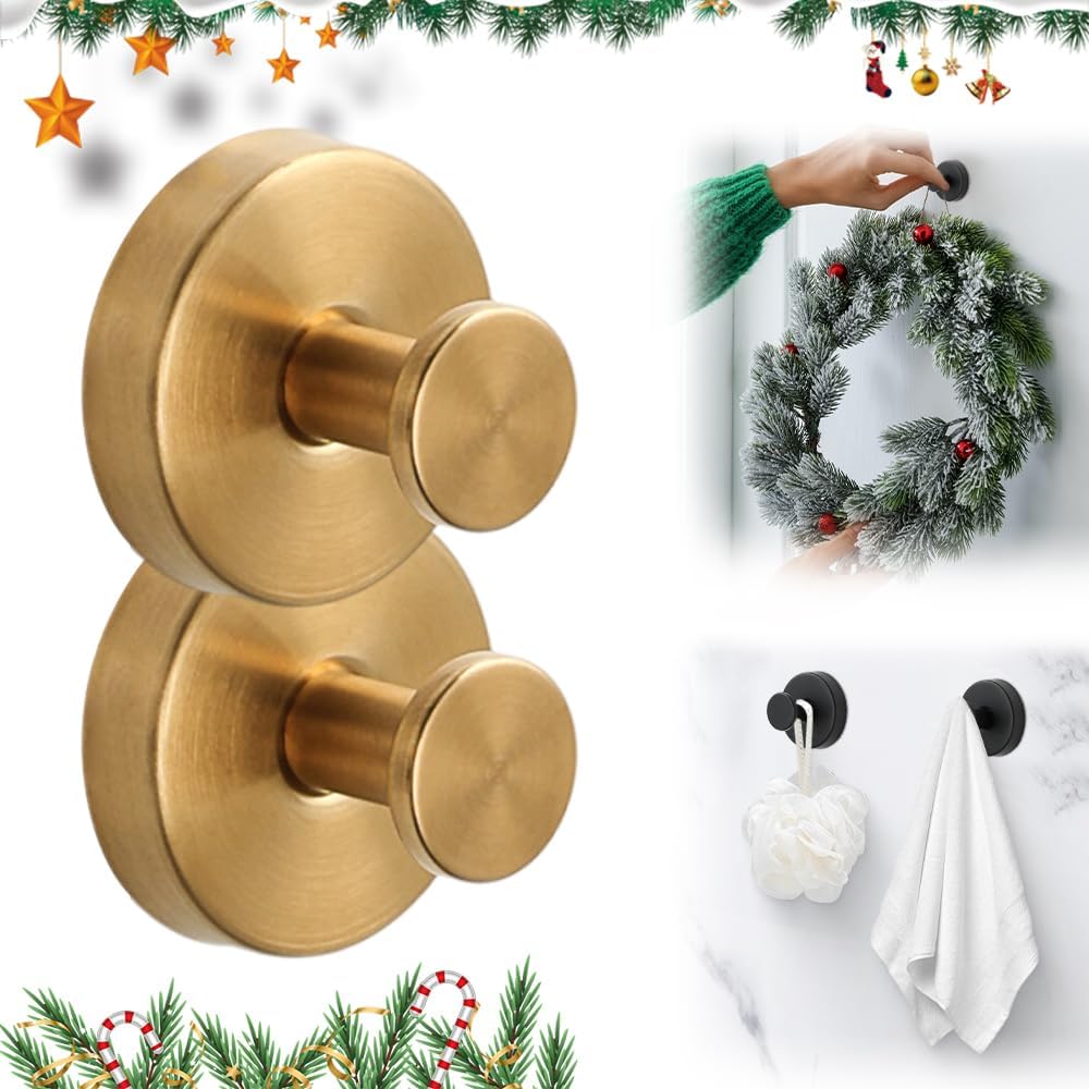 Suction Cup Hooks for Door Wreaths, 2025 Heavy Duty Wreath Hangers for Front Door & Glass Window, Upgrade Suction Cup Hooks for Shower, Wreath Door Hanger Halloween Christmas Decor (Gold, 2 Pcs)
