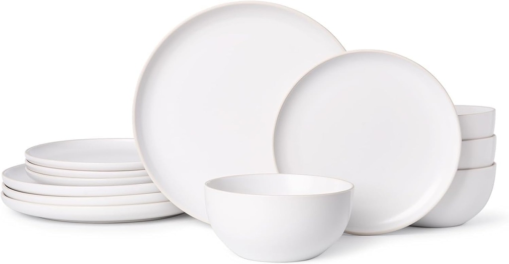 Ceramic Dinnerware Sets-12 Pieces Set, Plates Pasta Bowls Soup Bowls, Modern Stoneware Dishes, Beige