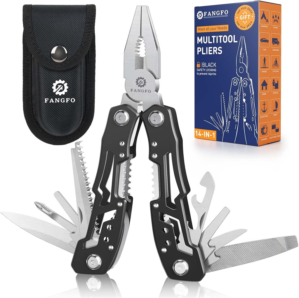 14-In-1 Multitool with Safety Locking, Professional Stainless Steel Multitool Pliers Pocket Knife, Bottle Opener, Screwdriver with Nylon Sheath ，Apply to Survival,Camping, Hunting and Hiking 2 Pcs