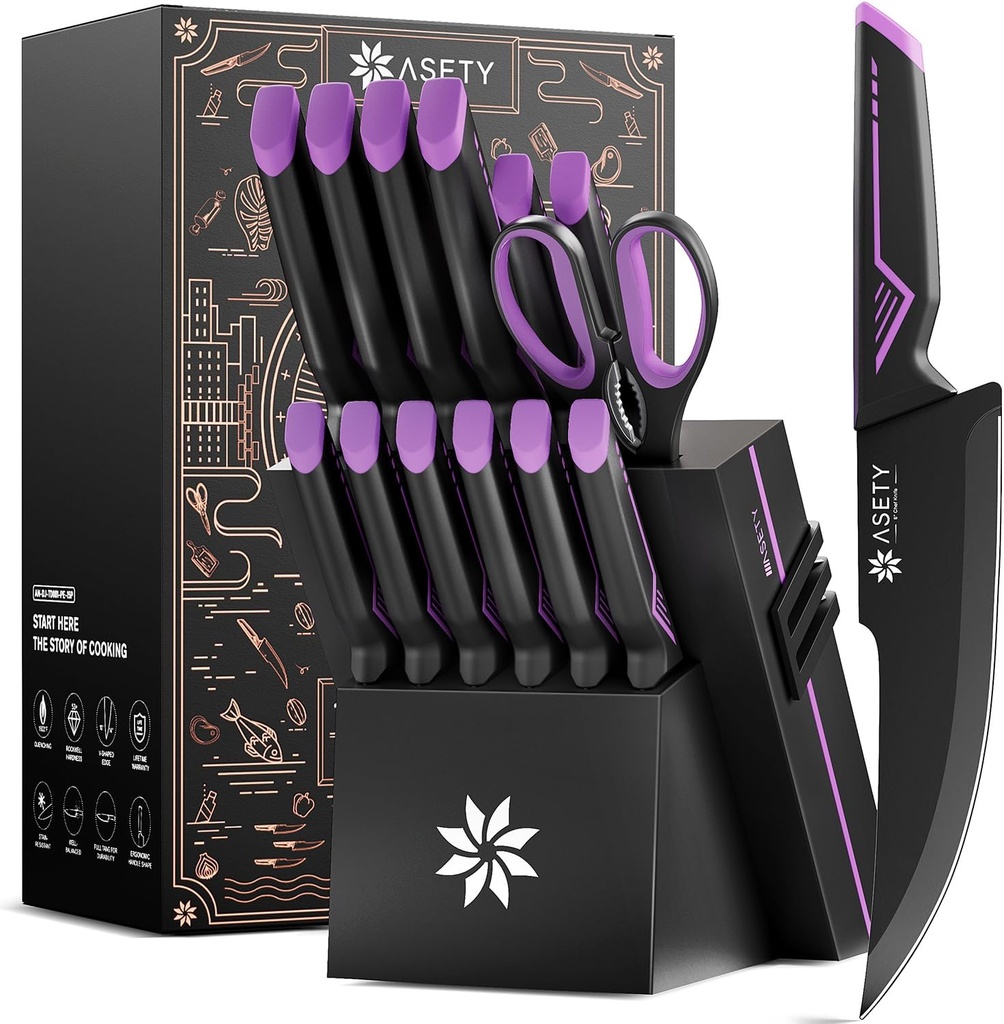 Knife Set - 15 PCS Kitchen Knife Set with Built-in Knife Sharpener Block - Stainless Steel Knife Block Set - Dishwasher Safe, Elegant Box for Men Women
