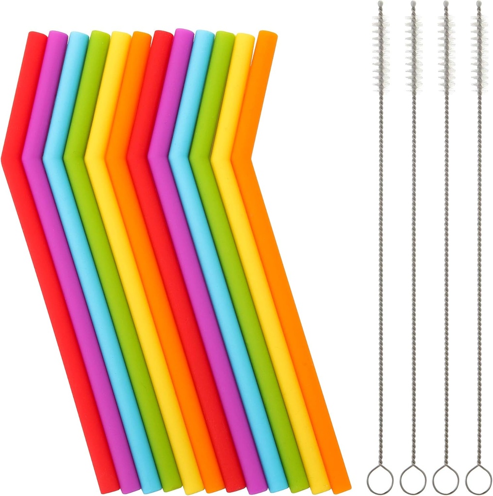 Reusable Silicone Straws for Toddlers & Kids - 12 pcs Flexible Short Drink 6.6" Straws for 6-10 oz Yeti/Rtic/Ozark Tumblers & 4 Cleaning Brushes - BPA free, Eco-friendly,no Rubber Tast
