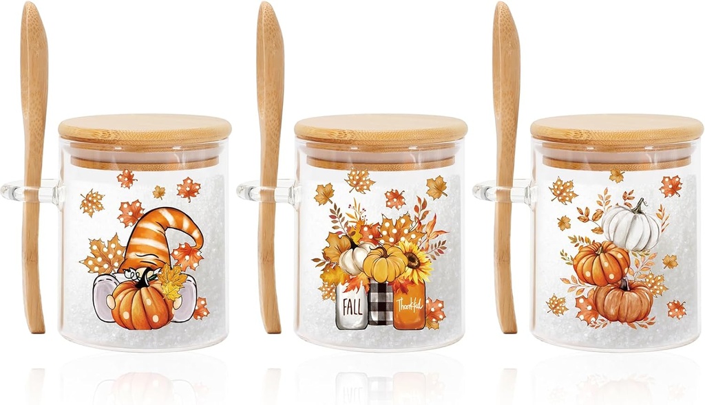 3Pcs Fall Condiment Container Pots with Lids & Spoons Gnome Pumpkin Leaves Glass Seasoning Storage Box Spice Jars for Autumn Harvest Thanksgiving Home Kitchen Coffee Beans Salt Sugar Storage