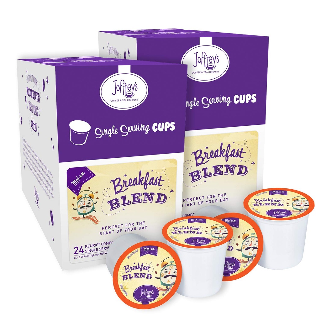 Joffrey's Coffee - Breakfast Blend, Artisan Medium Roast, Arabica Coffee Beans, Smooth-Bodied Blend, Balanced Flavor & Aroma, Keurig 2.0 Compatible (Single Serve Cup, 48 Count)