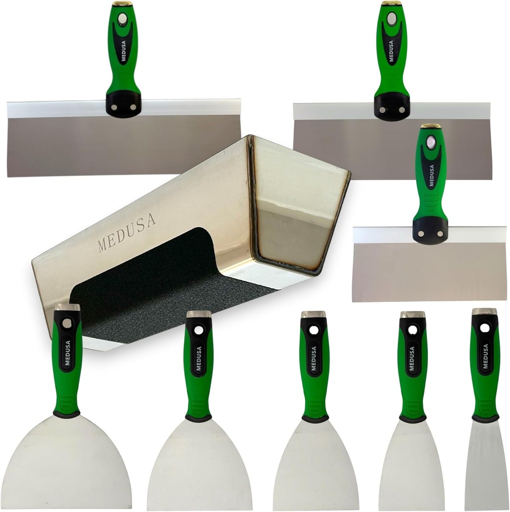 Medusa's Flexible Stainless Steel Drywall Taping Knife Set with 12" Mud Pan and Grip, Strong Flexible Putty Blades, 8 10 and 12" Coating Blades with Curved Handles Contoured to the Palm of Your Hand