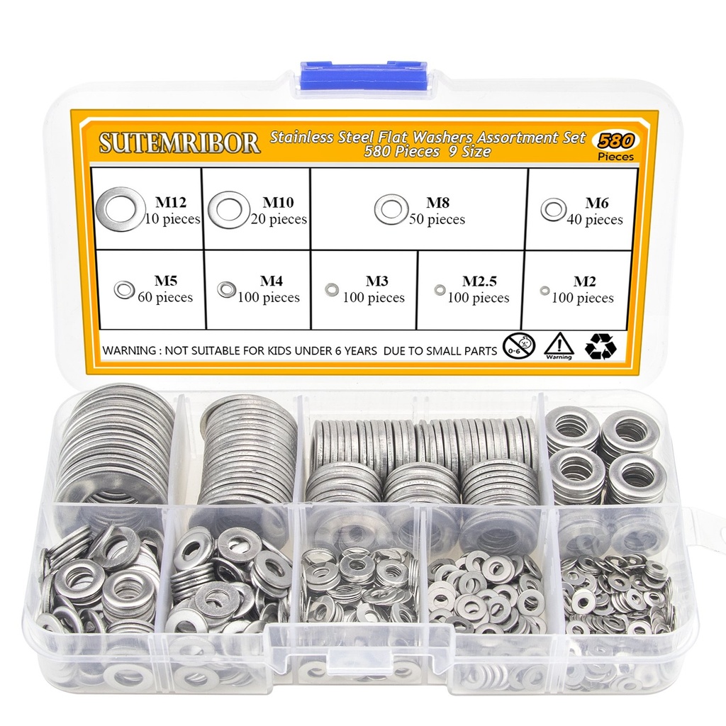 304 Stainless Steel Flat Washers Set 580 Pieces, 9 Sizes - M2 M2.5 M3 M4 M5 M6 M8 M10 M12
