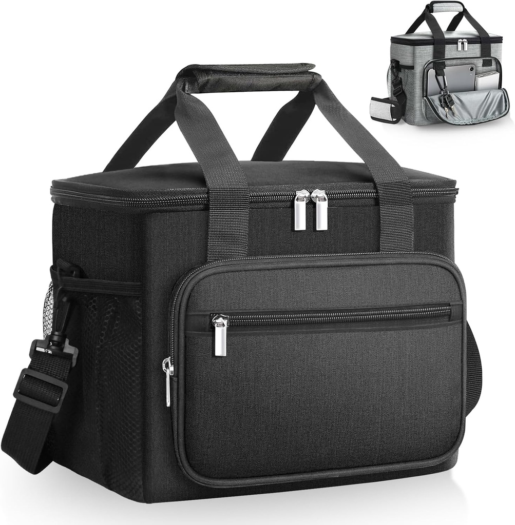 Lunch Box Insulated Lunch Bag for Men Women, 15L Large Lunch Cooler Bag with 6 Pockets and Carabiner Clip, Leakproof Soft Cooler Bag for Work Picnic Travel (Black)