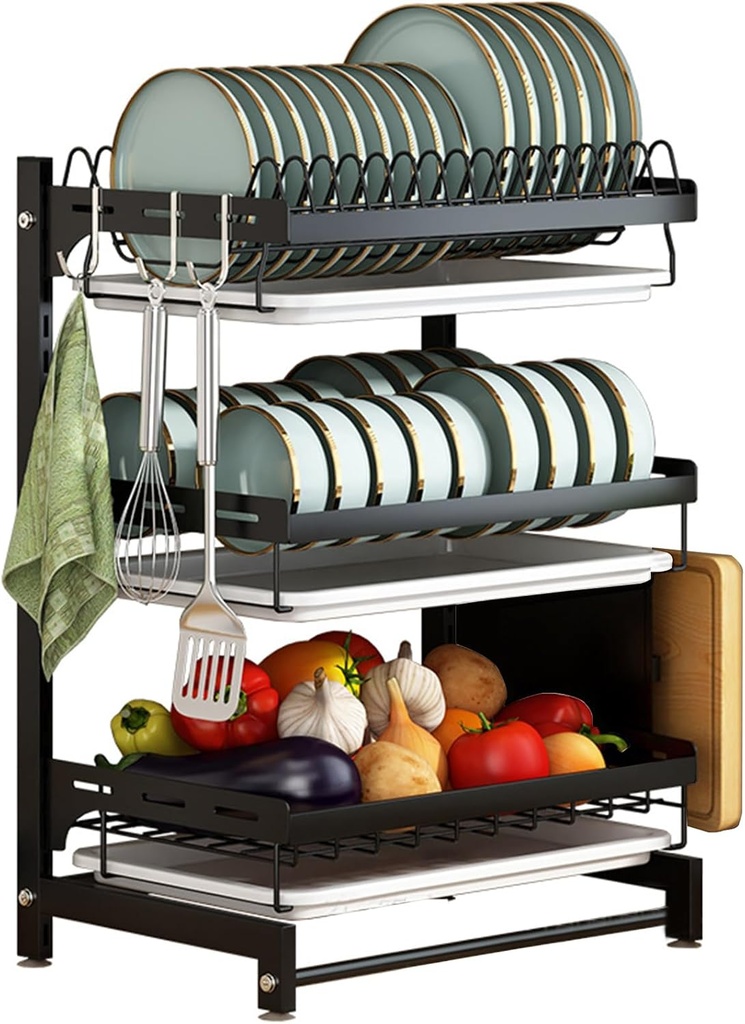 Stainless Steel Over Sink Dish Rack Wall Mounted 3 Tier Storage Space Saving Plate Drying Rack Kitchen Drainage Solution Durable and Stylish Dish Holder.(Negro Vertical)