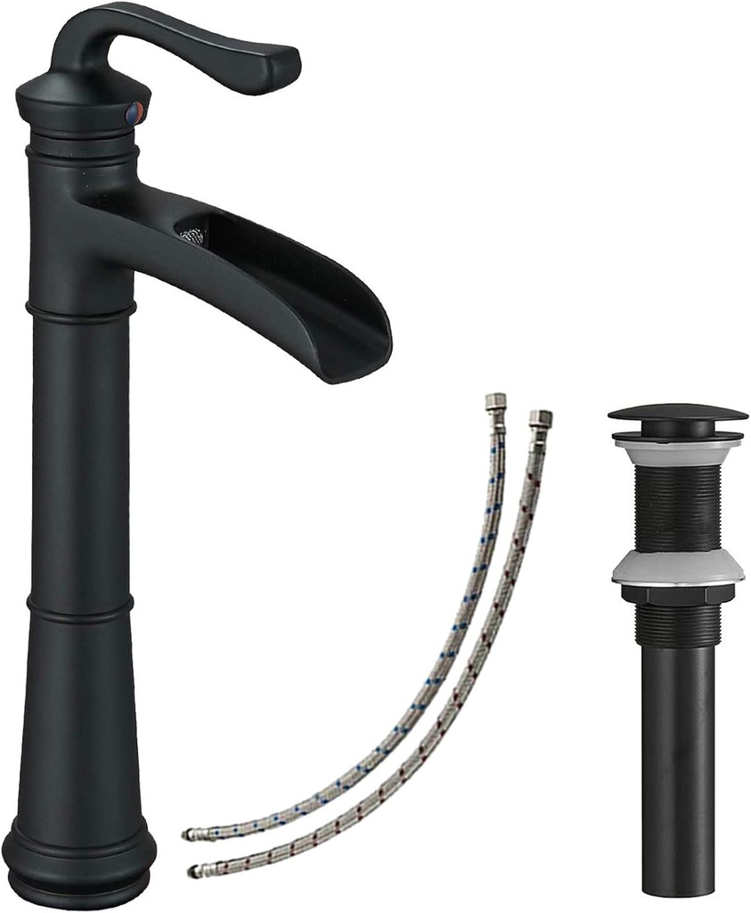 Vessel Sink Faucet Matte Black, Waterfall Vessel Faucet, Tall Bathroom Faucet, Farmhouse Single Hole Single Handle Lavatory Vanity RV with Pop Up Drain Without Overflow