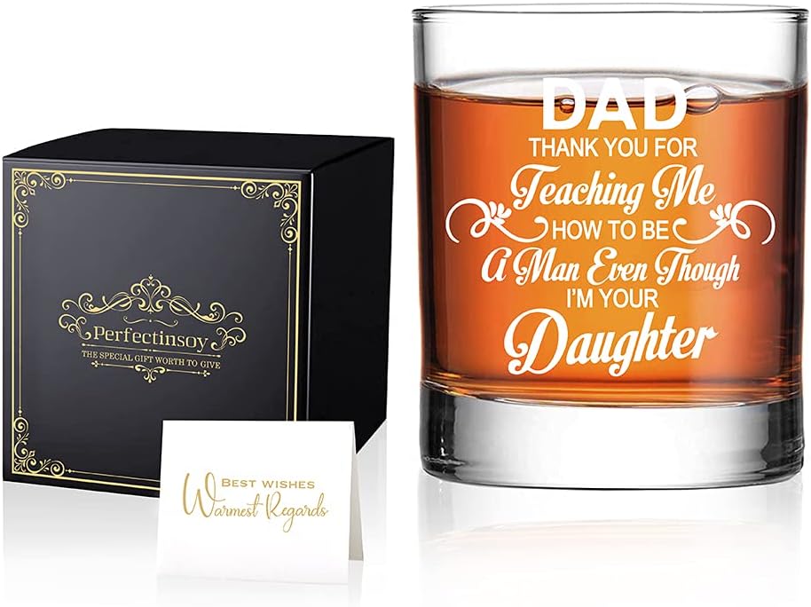Perfectinsoy Dad Thank You For Teaching Me How To Be A Man Even Though I'M Your Daughter Whiskey Glass with Gift Box, Dad Thank You Gifts, Father's Day Birthday Gifts for Men Father Grandpa Stepfather