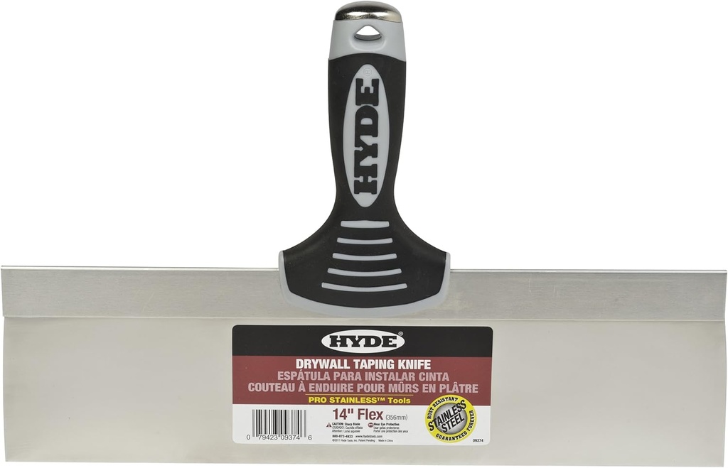 Hyde 14 Inch Pro Stainless, Flexible, Flat Back, One-Piece, Rust Resistant, Metal Drywall Taping Knife with Hammerhead End & Ergonomic Comfort Grip Handle, 09374