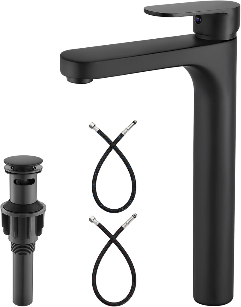 Heyalan Vessel Sink Bathroom Tall Faucet One Hole Single Handle Basin Mixer Tap Lavatory Vanity Brass Pop Up Drain Included Deck Mount Modern Tall Bathroom Faucet,Matte Black